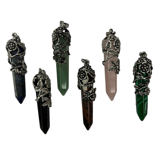 Natural Stone Flower Wrapped Pencil Point Pendant