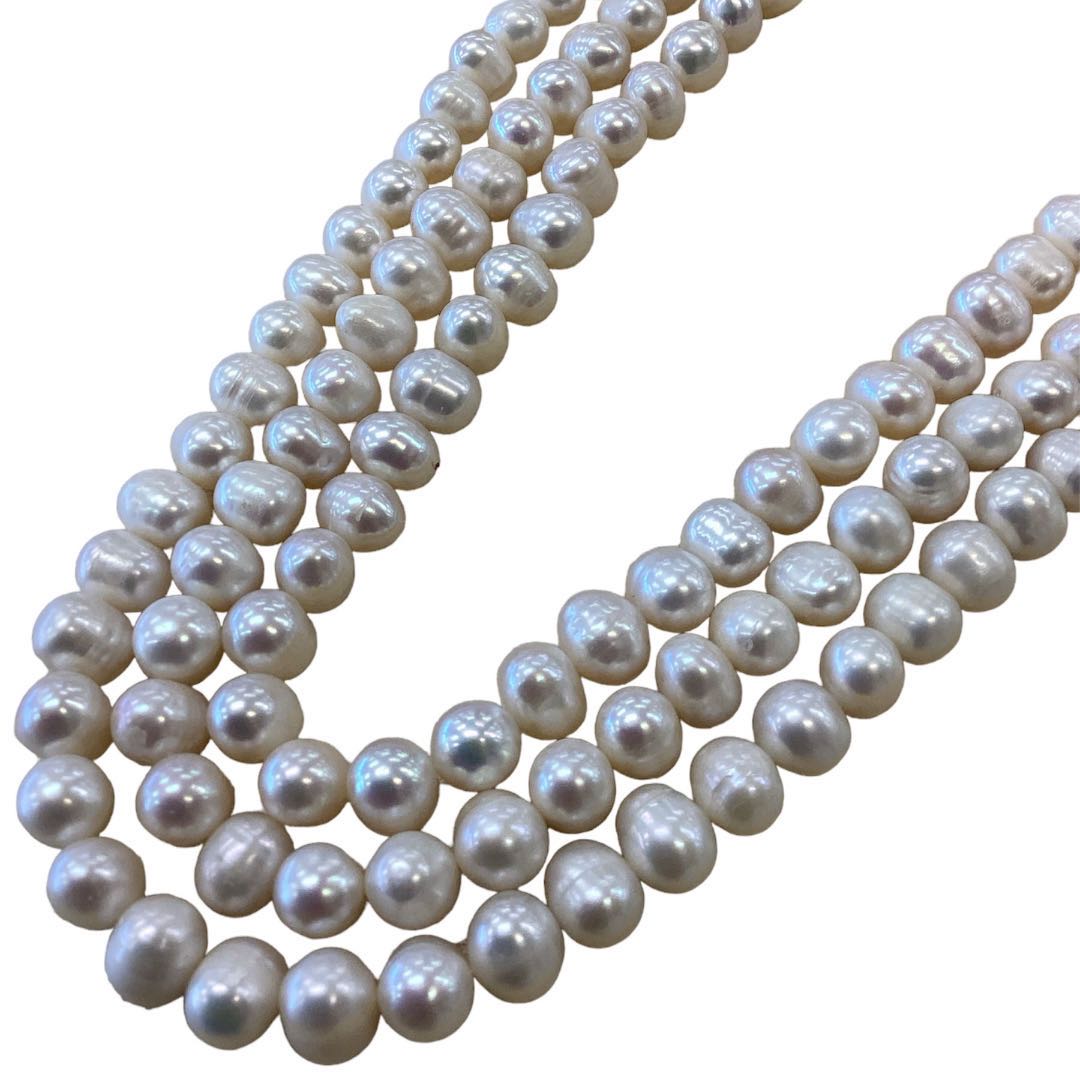 Round Shape White Freshwater Natural Pearl Strand