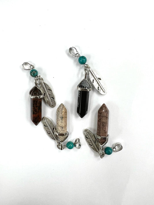 Natural Stone Bullet Pendants with leave charm